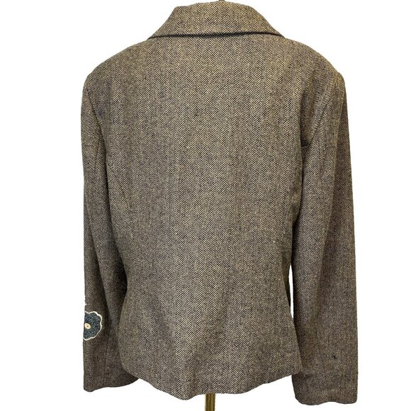 Vintage Dressbarn Wool Blend Blazer‎ Size 16 Brown Herringbone Floral Applique - Picture 5 of 9